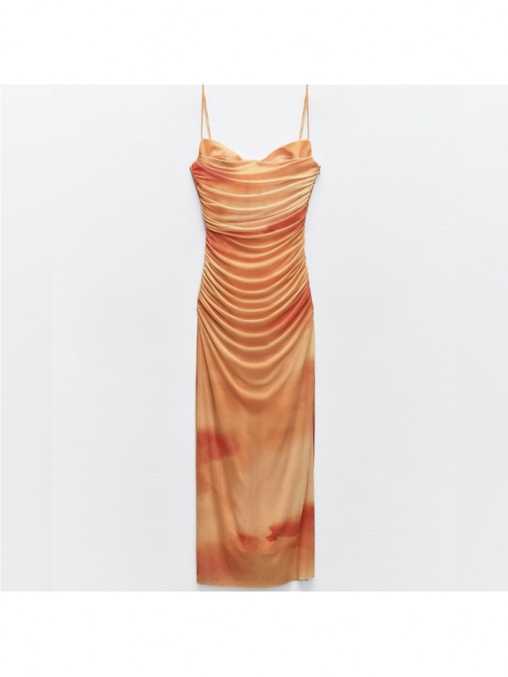 Zara Orange Satin Ruched Midi Dress